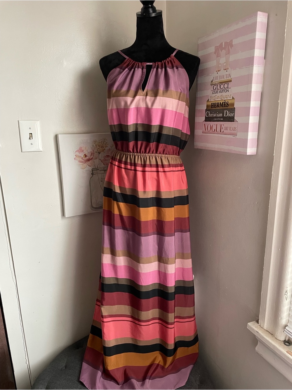Striped Halter Maxi Dress in Pink and Mauve